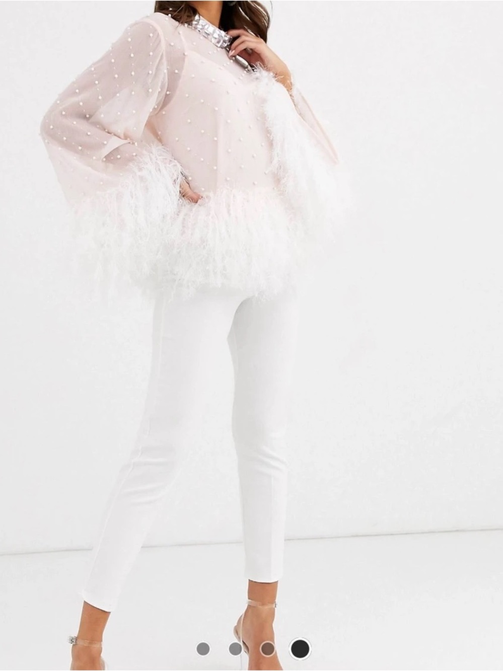 ASOS Blush Sheer Pearl-Embellished Top with Feather Trim - Picture 5 of 6